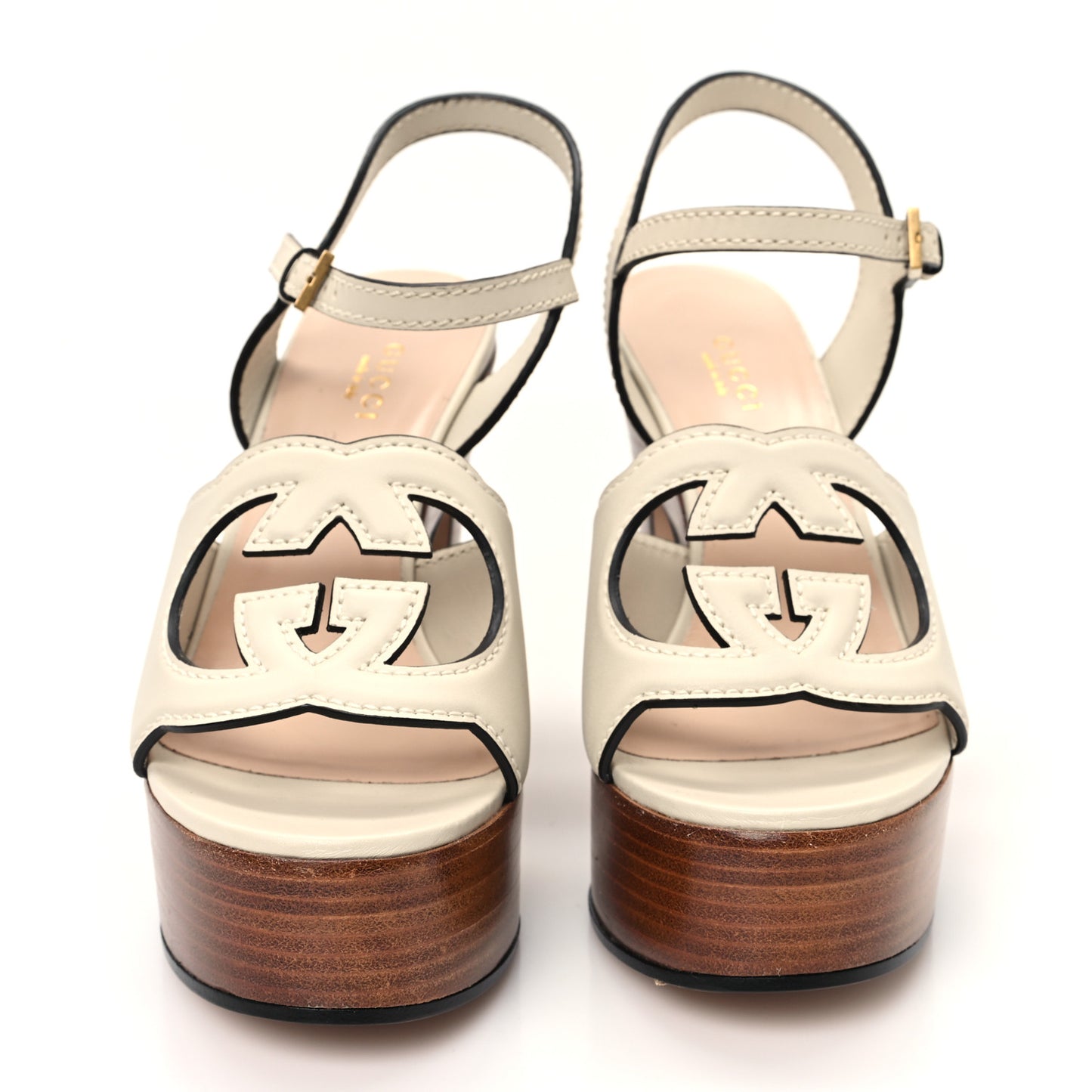 Cosmos Softy Calfskin Wooden Interlocking G Cut-Out 30/120mm Platform Sandals 36.5 Mystic White