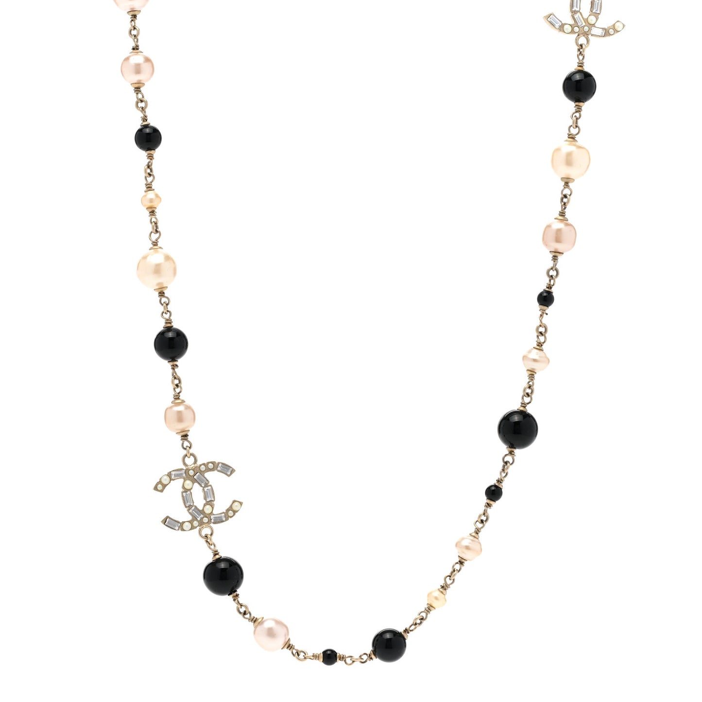 Pearl Crystal Baguette Beaded CC Long Necklace Black Gold