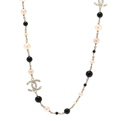 Chanel Pearl Crystal Baguette Beaded CC Long Necklace Black Gold 1 of 6