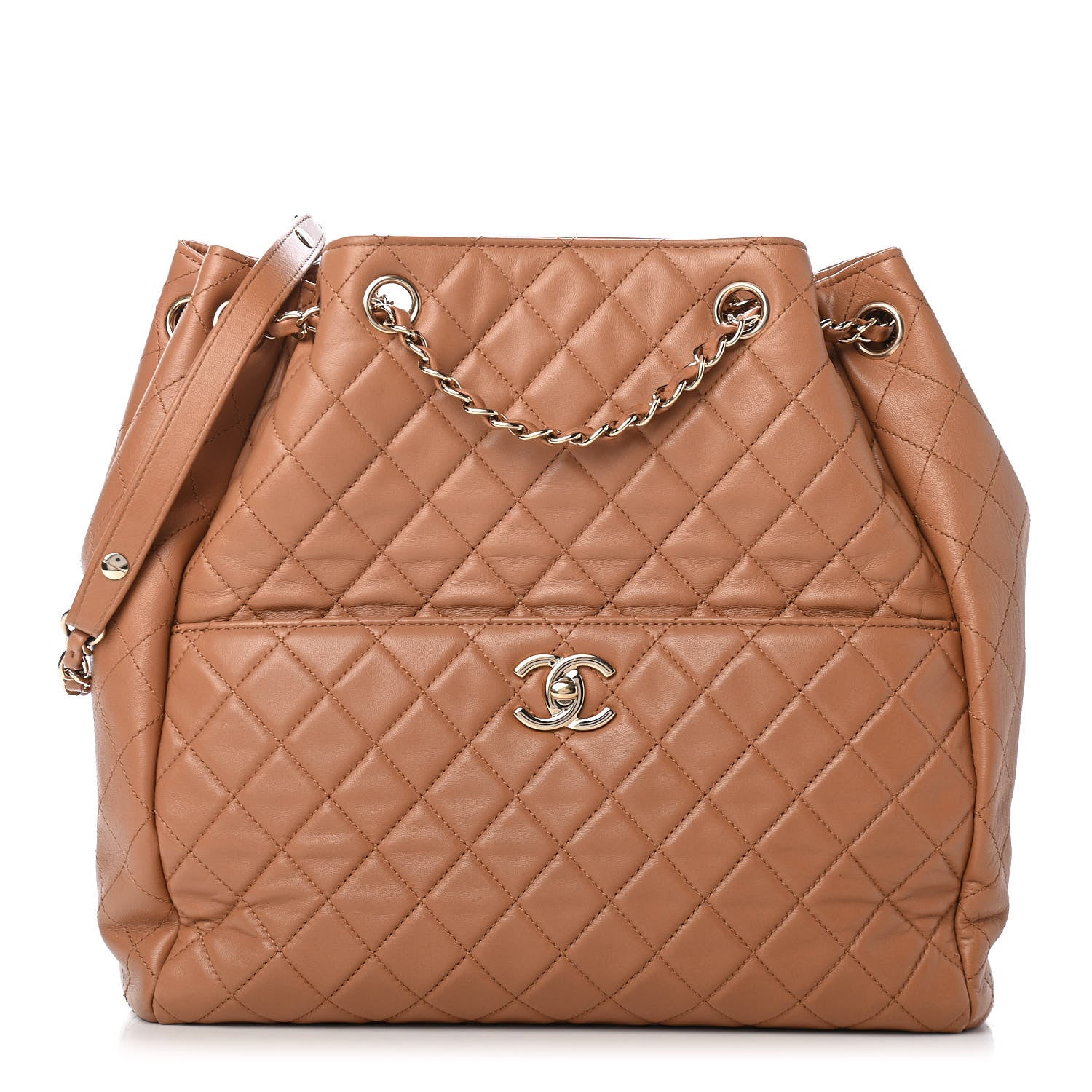 Chanel Lambskin Quilted Large Drawstring Shoulder Bag Dark Beige 1 of 9