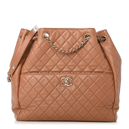 Chanel Lambskin Quilted Large Drawstring Shoulder Bag Dark Beige 1 of 9