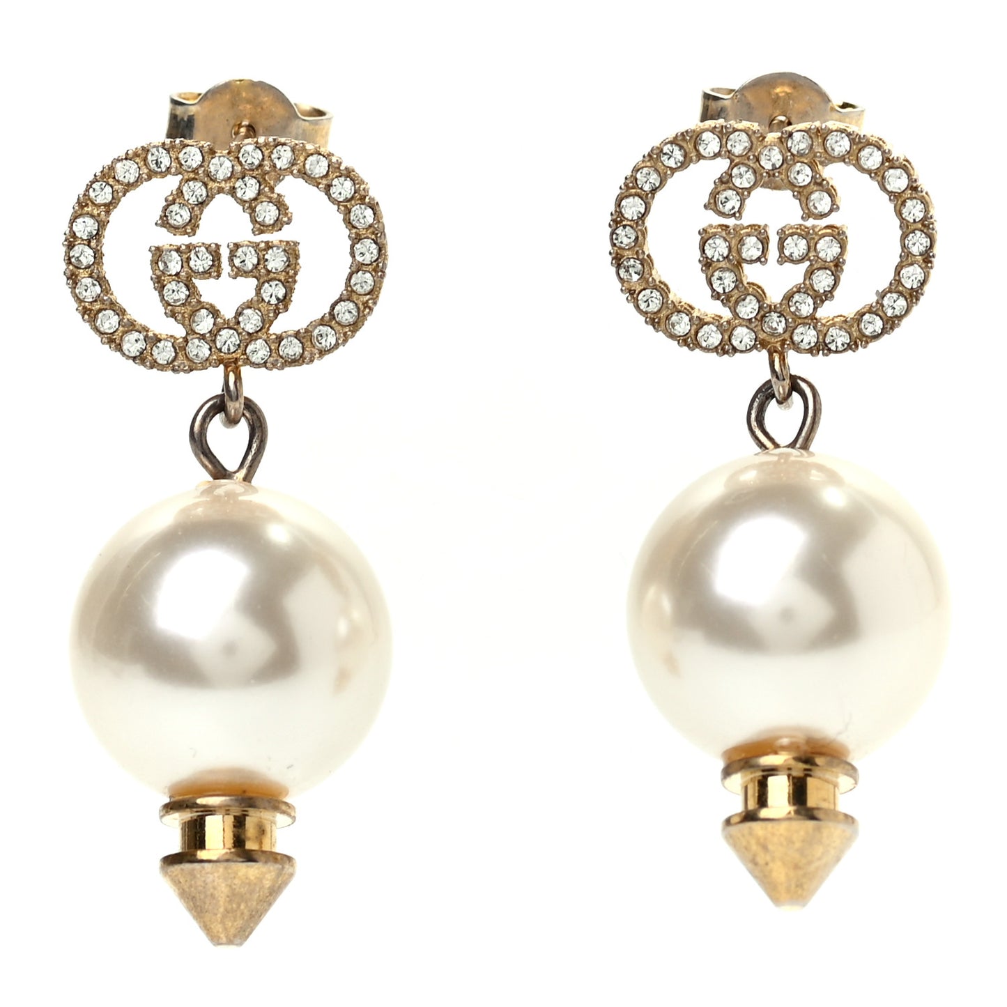 Metal Crystal Pearl Interlocking G Earrings Shiny Gold