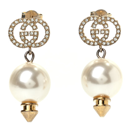 Gucci Metal Crystal Pearl Interlocking G Earrings Shiny Gold 1 of 8