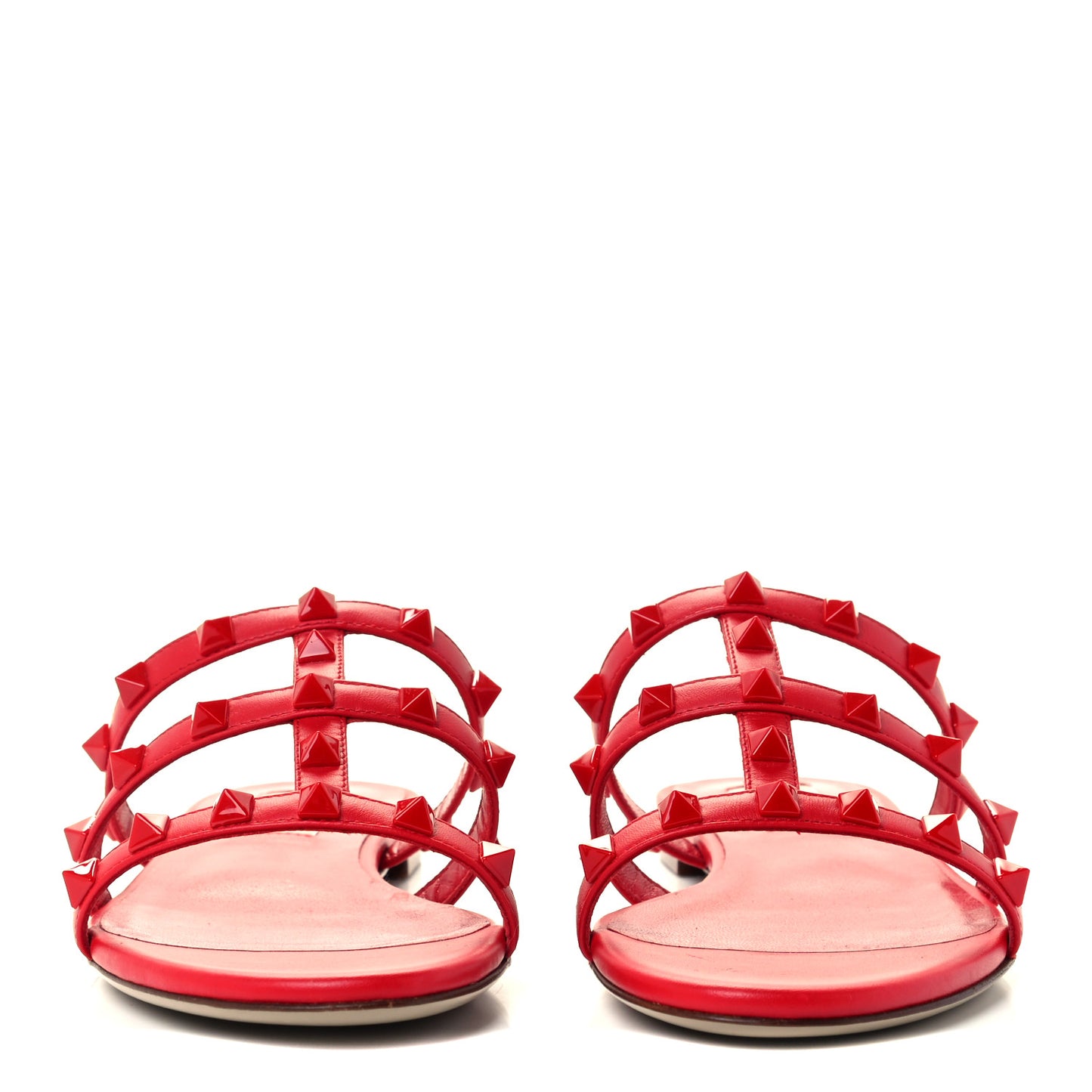 Calfskin Monochrome Rockstud Caged Flat Slide Sandals 35 Rouge Pur