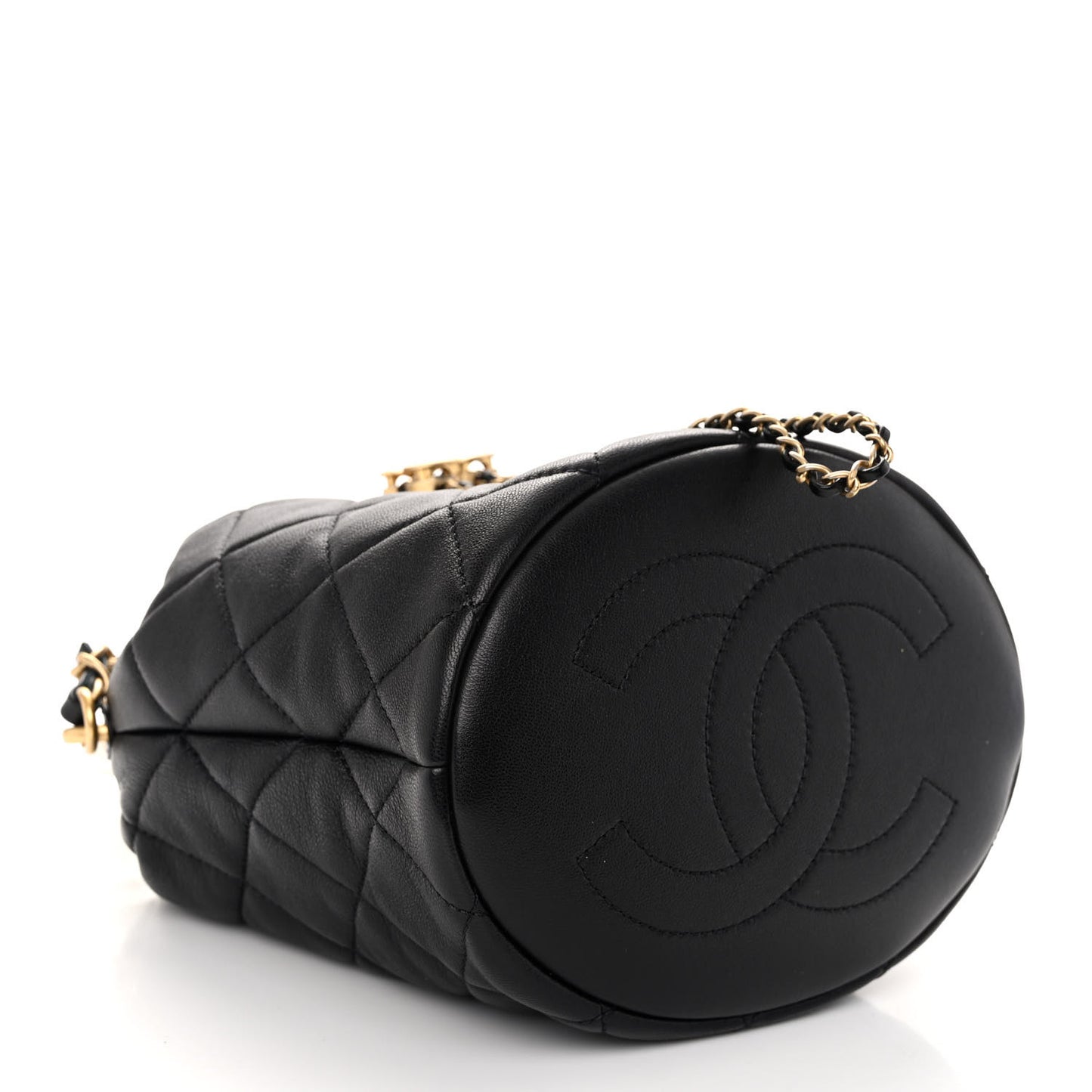 Lambskin Quilted Pearl Crown Drawstring Bag Black
