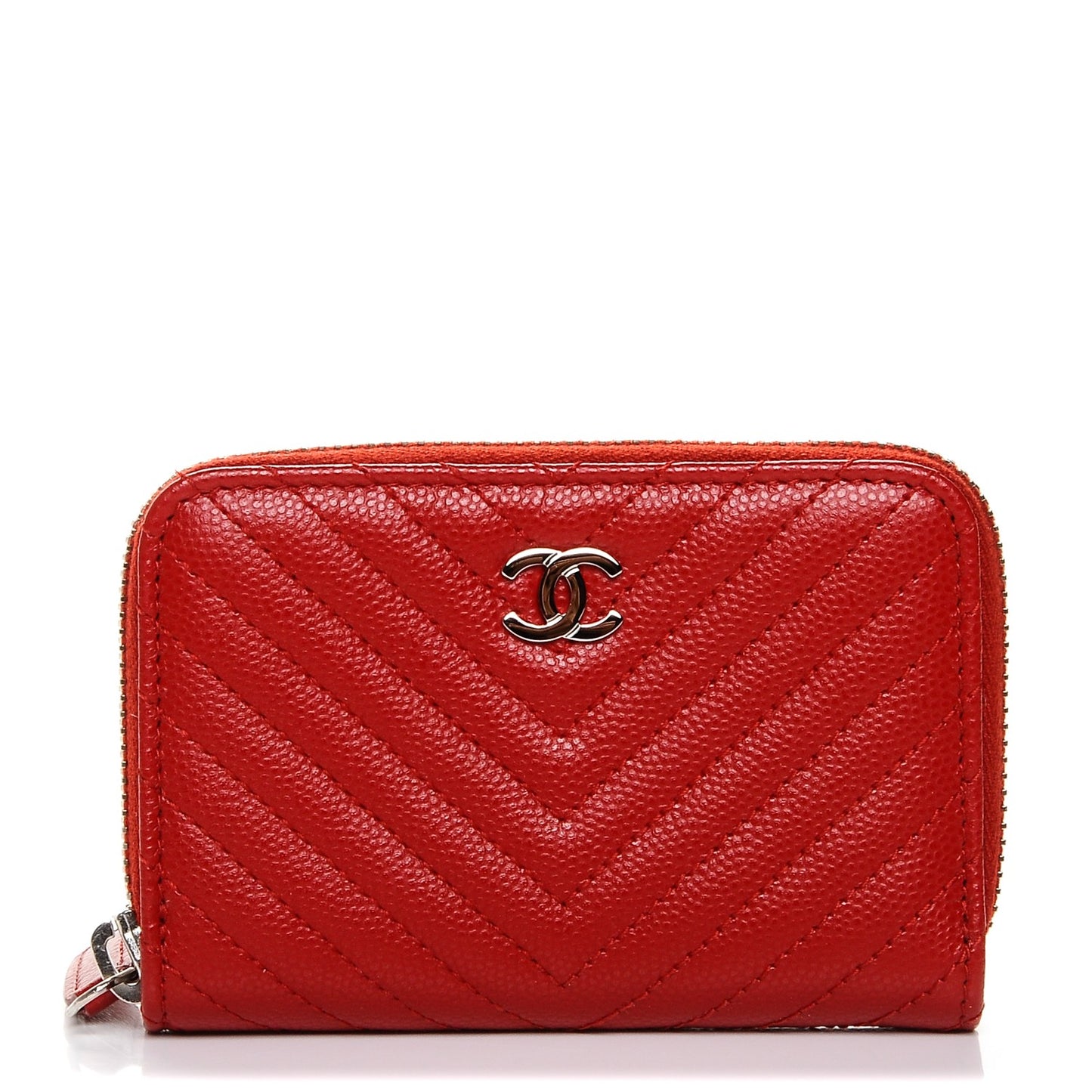 Caviar Chevron Quilted Zip Around Coin Purse Red