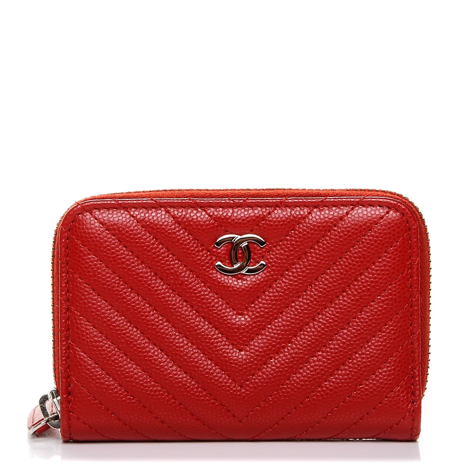 Chanel Caviar Chevron Quilted Zip Around Coin Purse Red 1 of 7