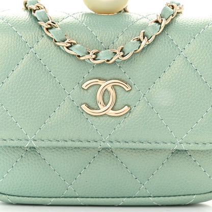 Chanel Iridescent Caviar Quilted Pearl On Top Coin Purse With Chain Light Green 9 of 11
