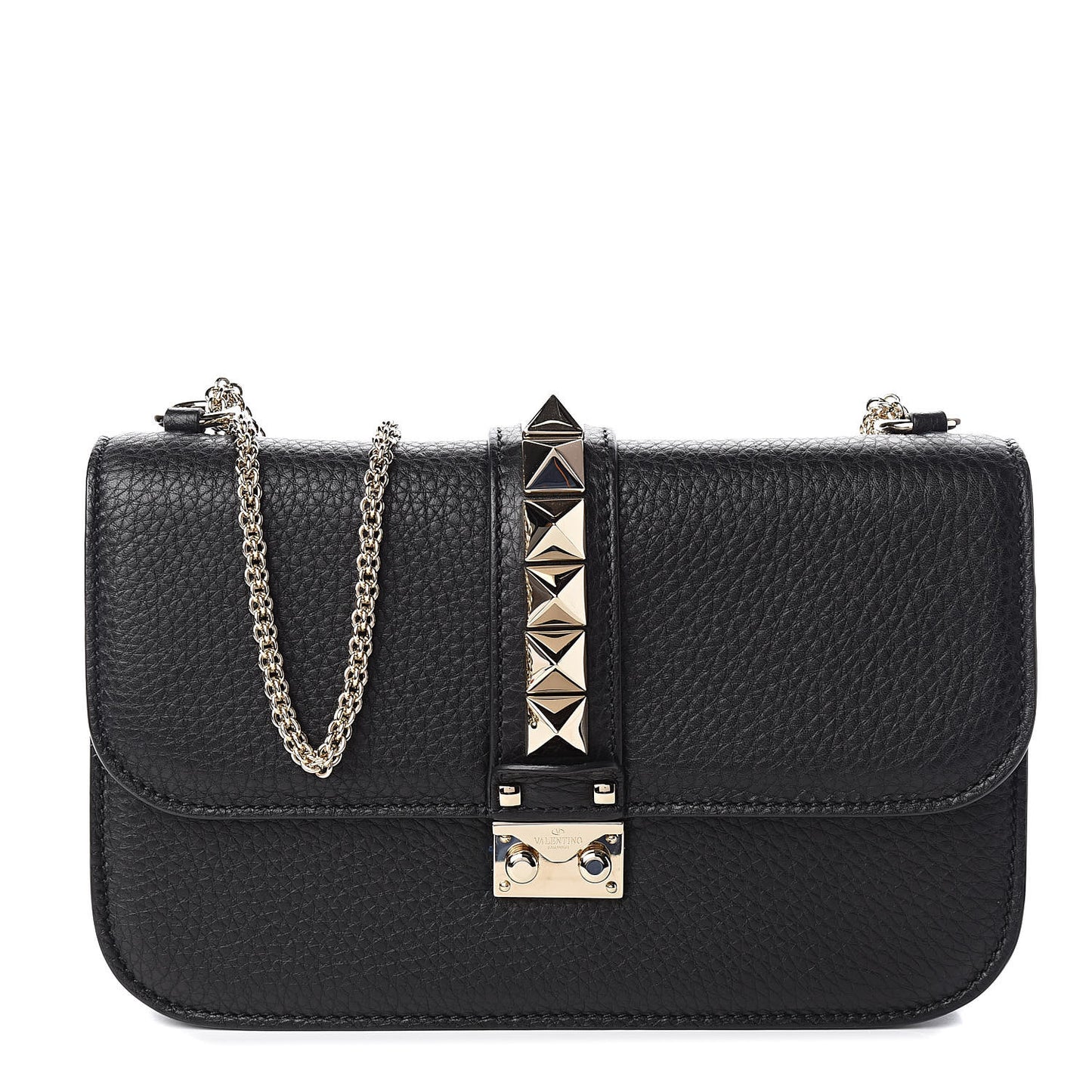 Pebbled Calfskin Medium Glam Lock Rockstud Flap Black