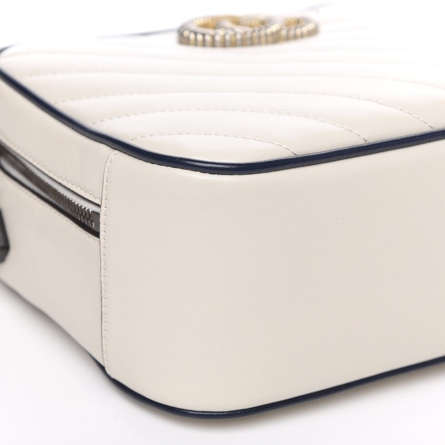 Vintage Effect Calfskin Matelasse Diagonal Small Torchon GG Marmont Bamboo Top Handle Shoulder Bag Mystic White Blue Agata