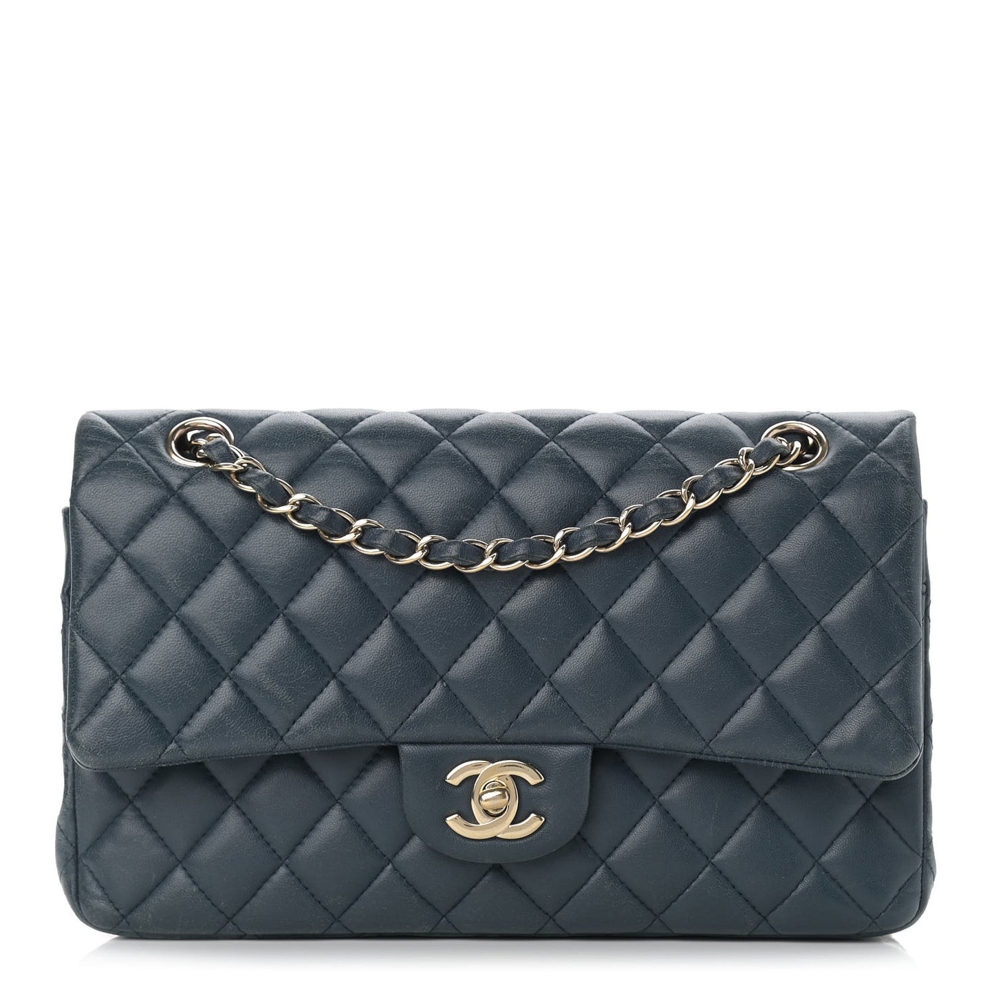 Lambskin Quilted Medium Double Flap Dark Blue
