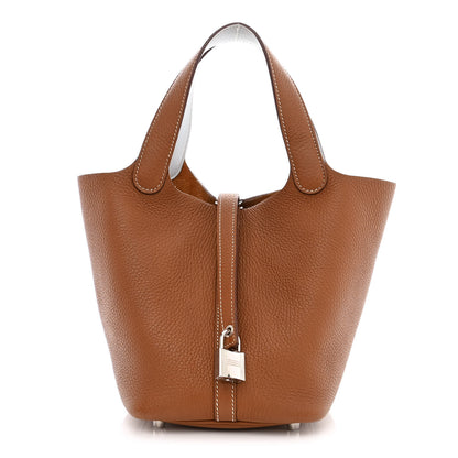 Hermes Taurillon Clemence Swift Eclat Picotin Lock 18 PM Gold Bleu Brume 1 of 11