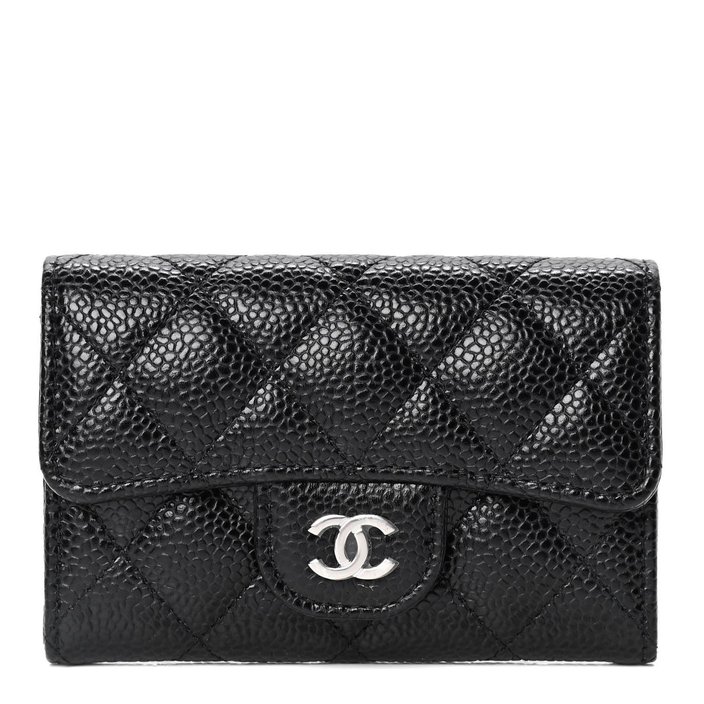 Caviar Quilted Flap Card Holder Wallet Black