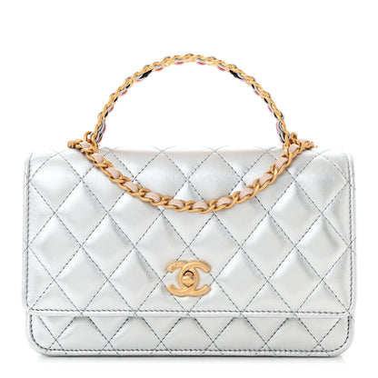 Chanel Metallic Calfskin Quilted Top Handle Wallet on Chain WOC Silver 1 of 12