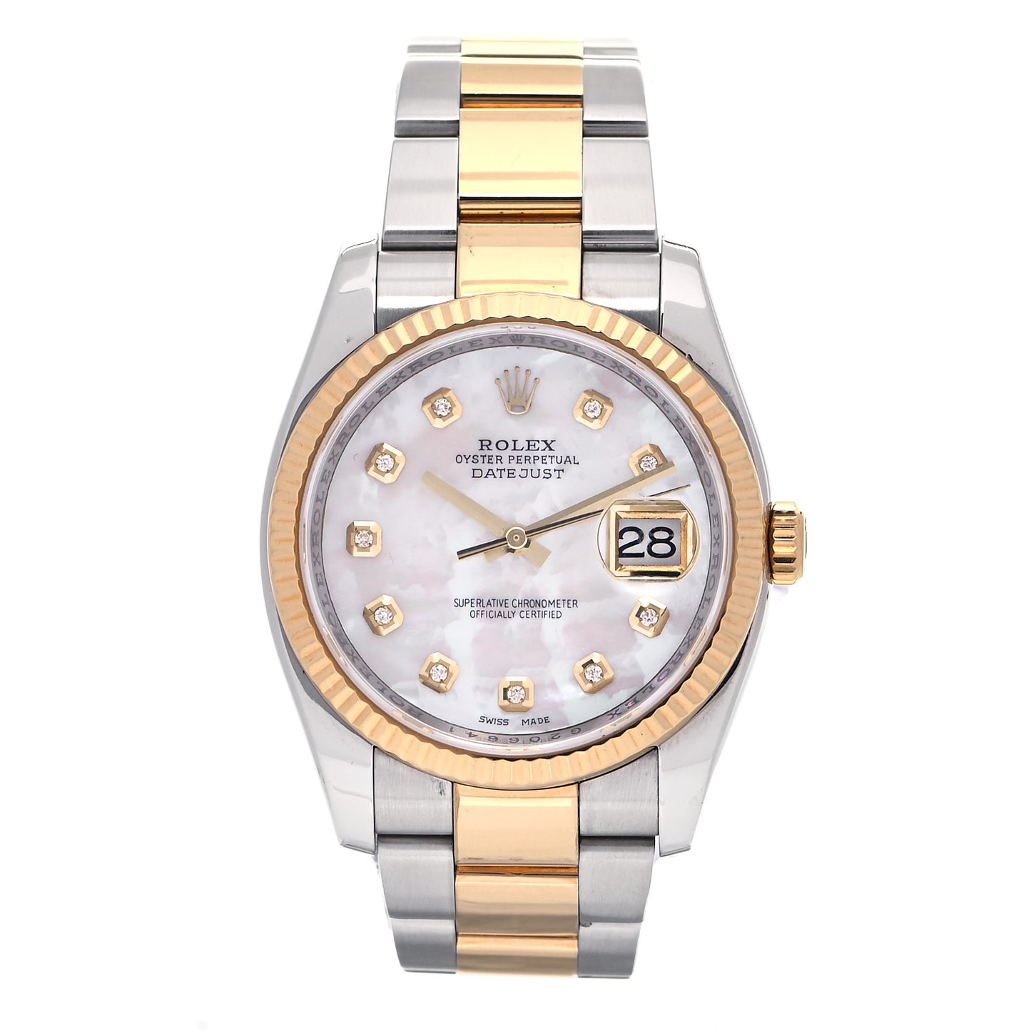 Stainless Steel 18K Yellow Gold Diamond Mother of Pearl 36mm Oyster Perpetual Datejust Watch 116233
