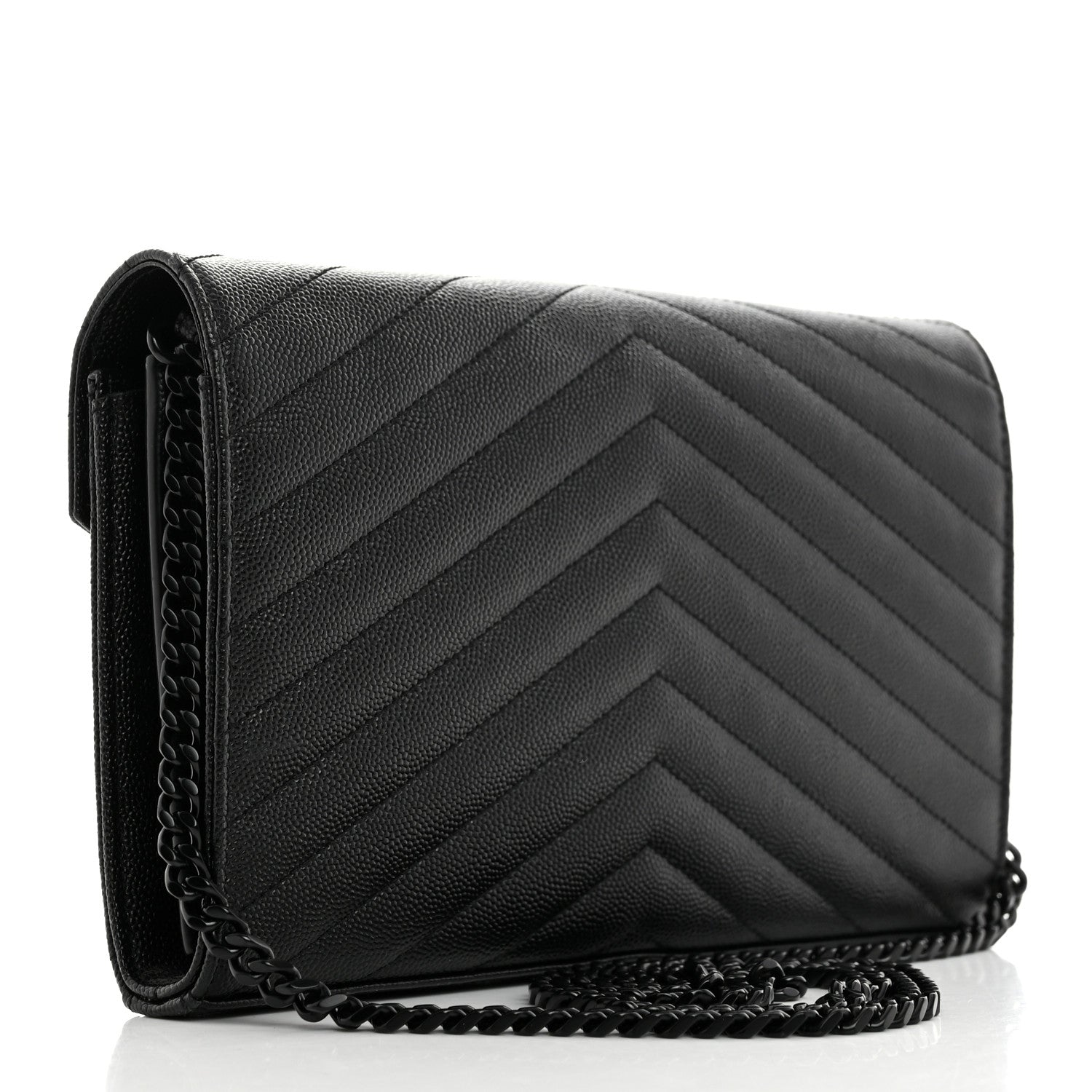 Saint Laurent Grain De Poudre Matelasse Chevron Monogram Monochrome Chain Wallet Black 2 of 10