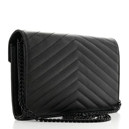 Saint Laurent Grain De Poudre Matelasse Chevron Monogram Monochrome Chain Wallet Black 2 of 10