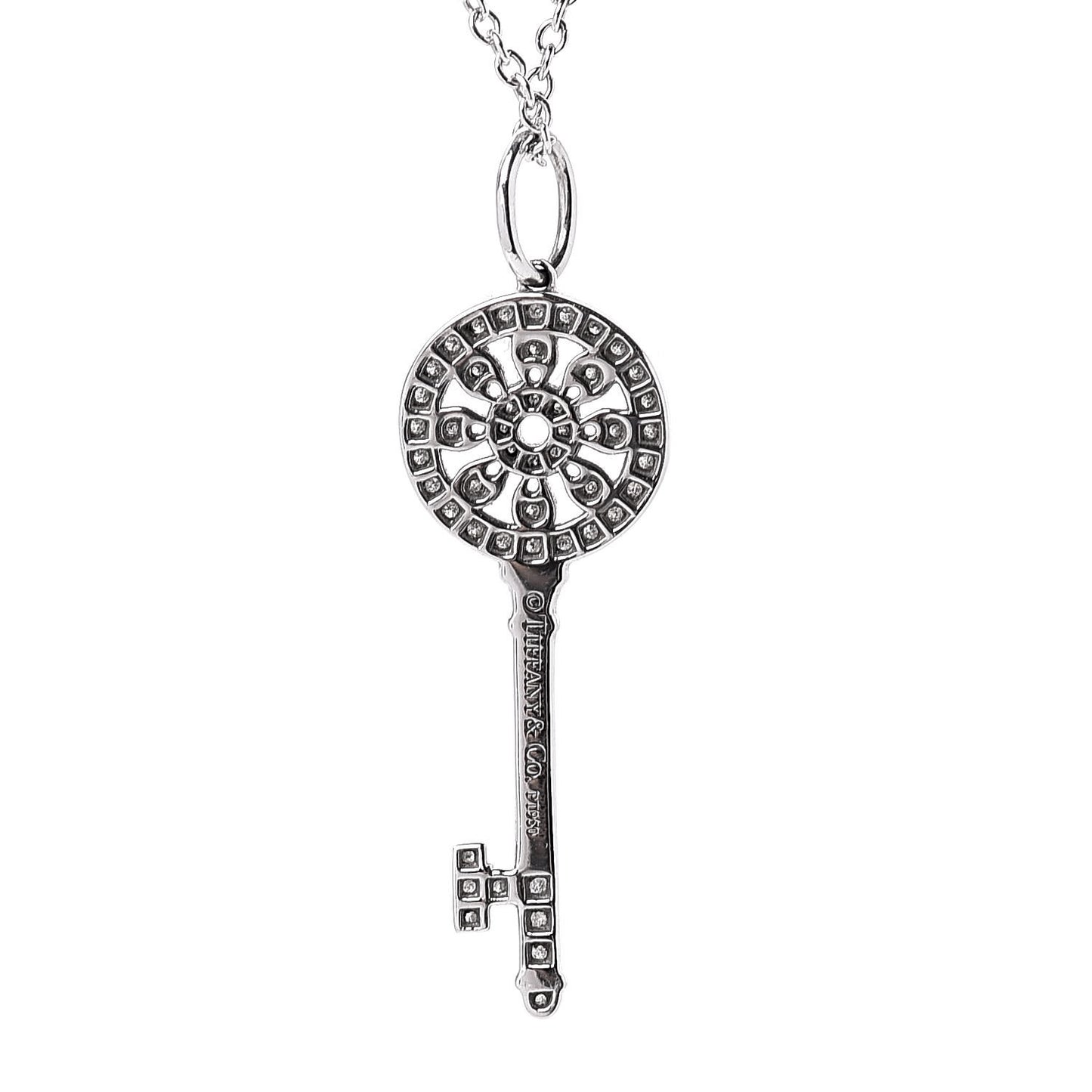 Platinum 18K White Gold Diamond Mini Petals Key Pendant Necklace
