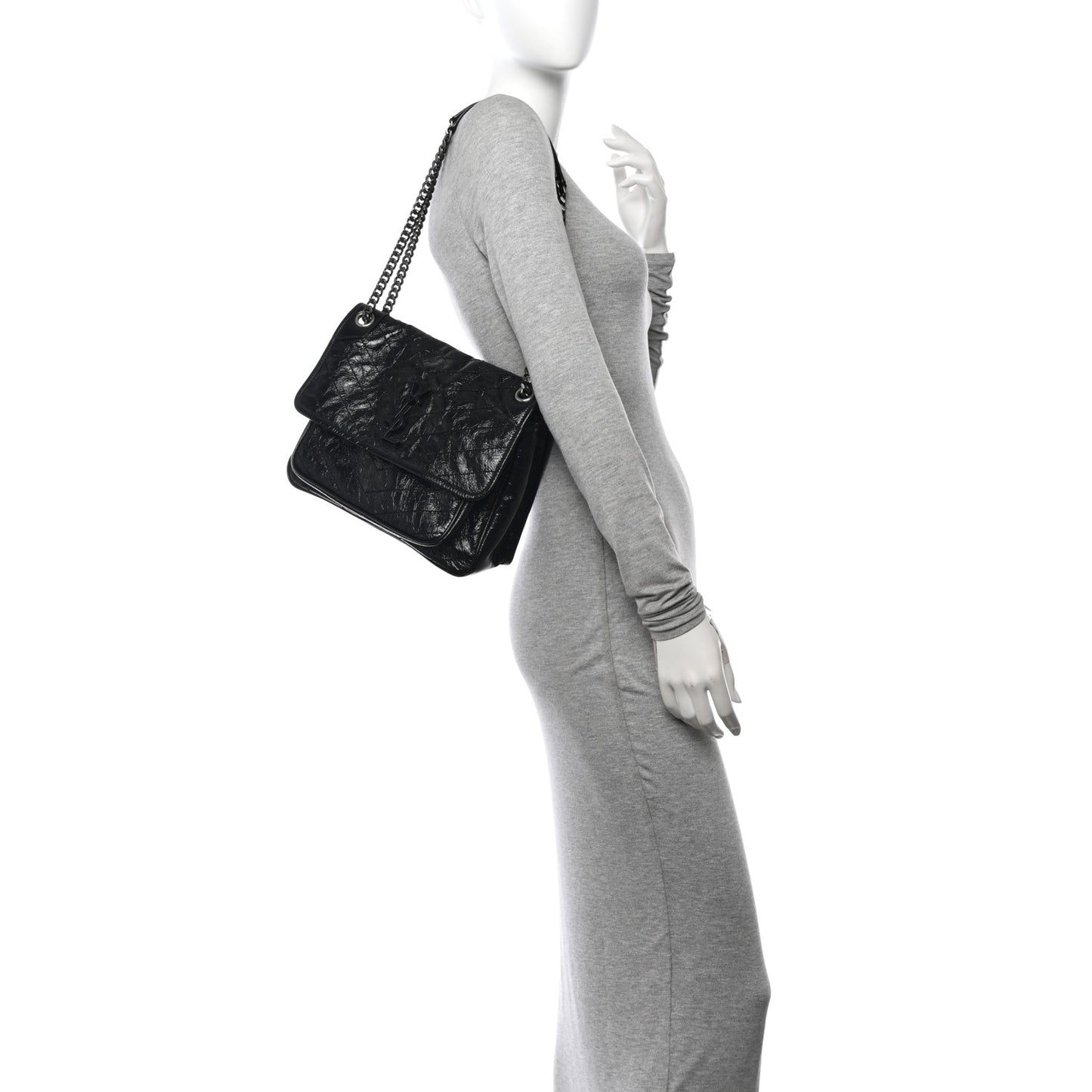 Crinkled Calfskin Matelasse Monogram Medium Niki Chain Satchel Black