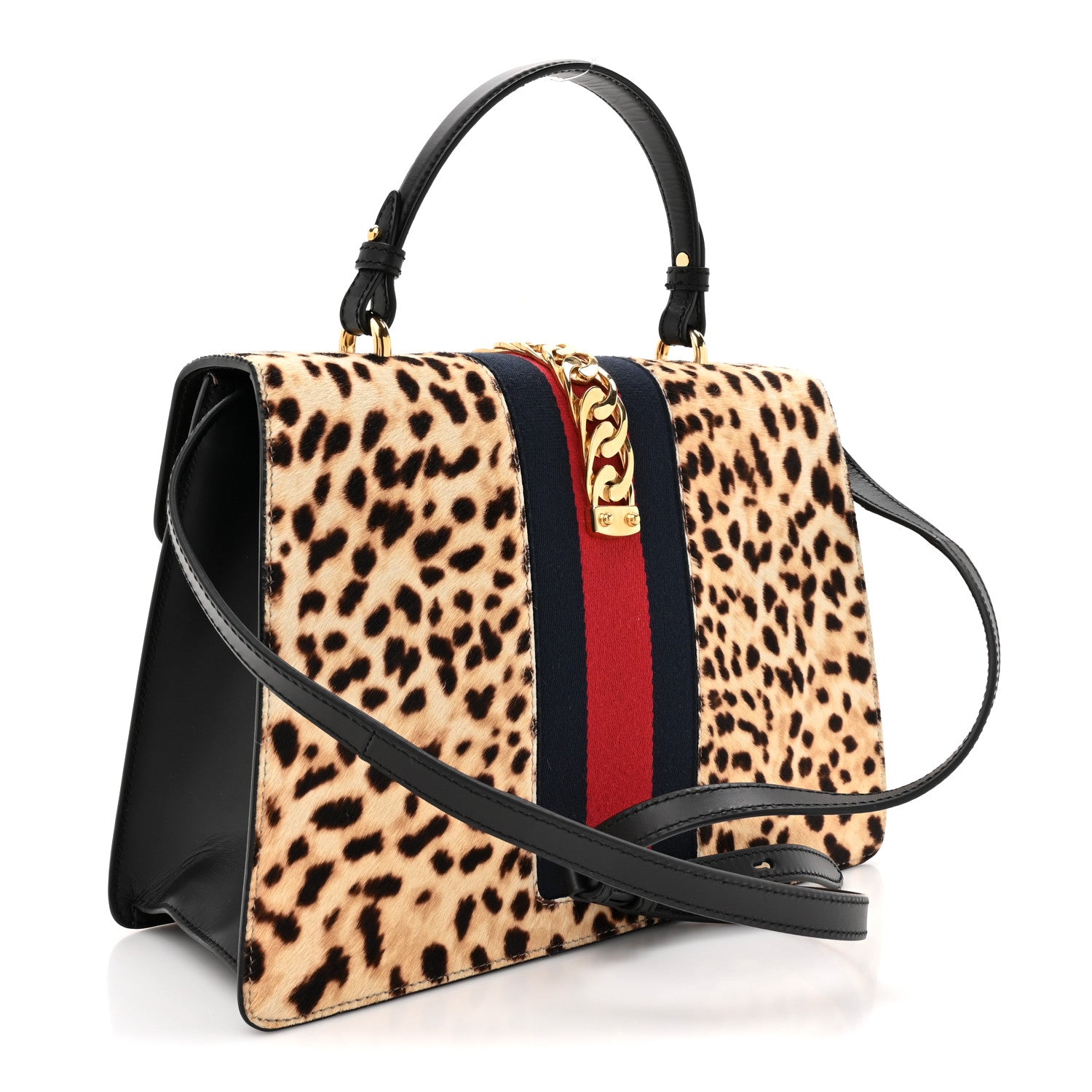 Gucci Calf Hair Leopard Print Medium Sylvie Top Handle Bag Naturale Black 3 of 14