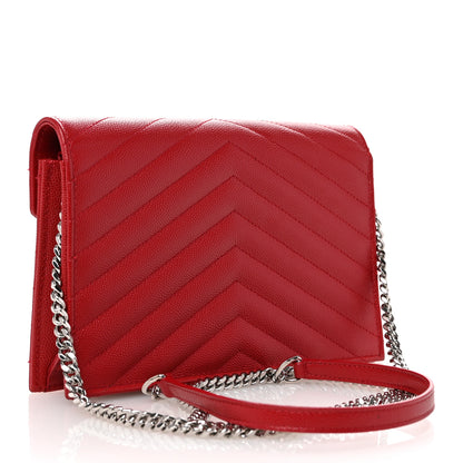 Saint Laurent Grain De Poudre Matelasse Chevron Monogram Envelope Chain Wallet New Red 3 of 12