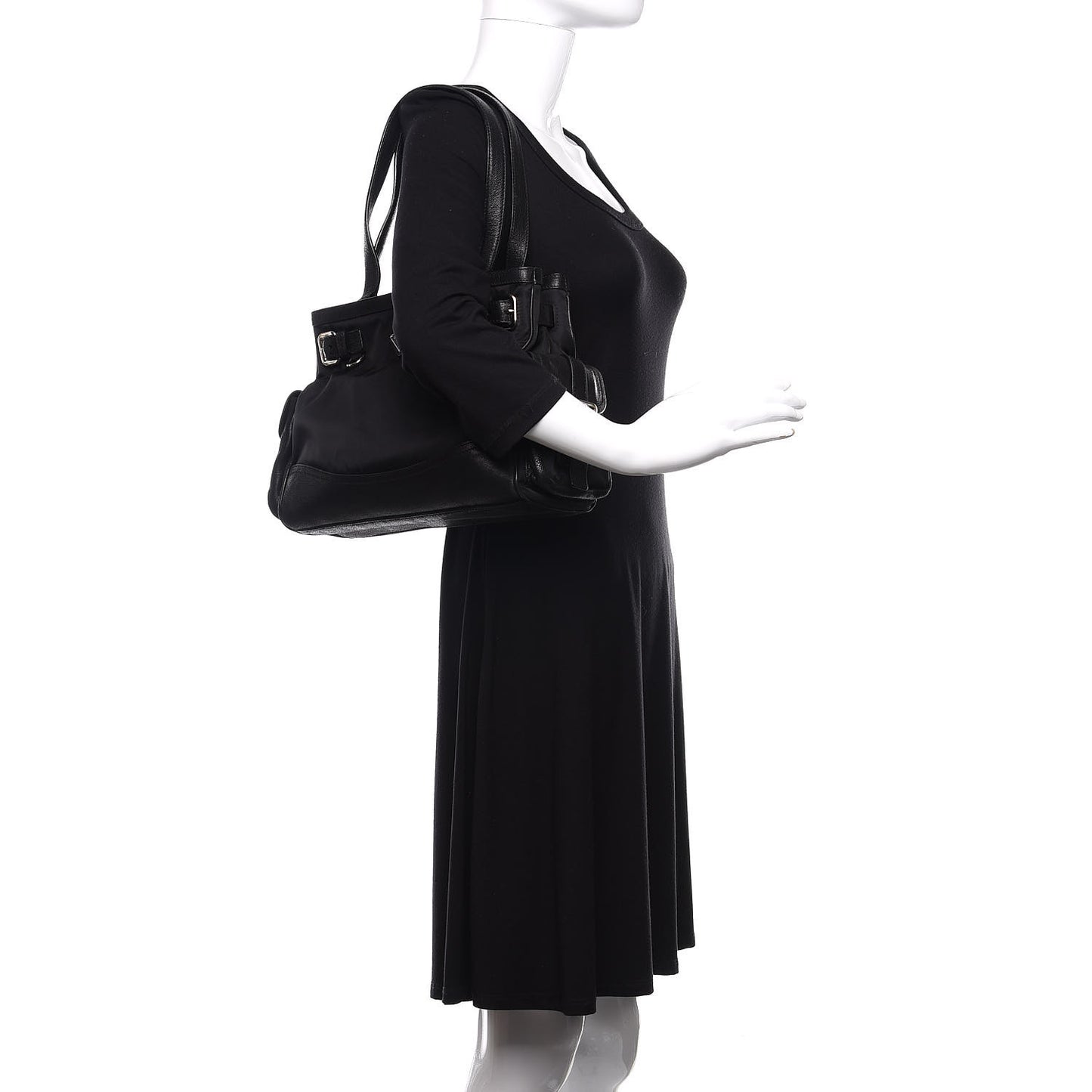 Tessuto Nylon Calfskin Shoulder Bag Black