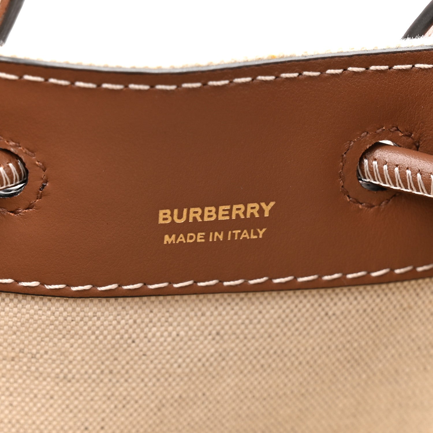 Burberry Canvas Calfskin Mini TB Drawstring Bucket Bag Natural Tan 6 of 10