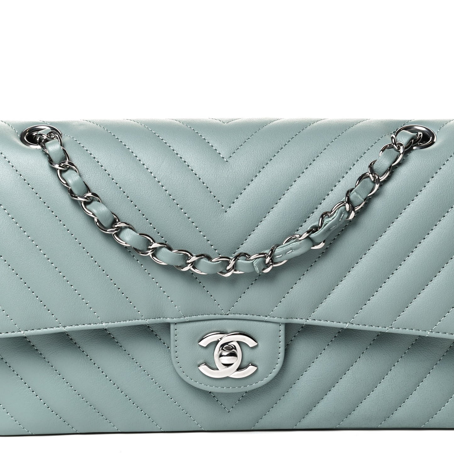 Calfskin Chevron Quilted Medium Double Flap Dark Green