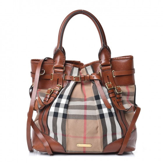 House Check Bridle Calfskin Medium Whipstitch Tote Dark Tan