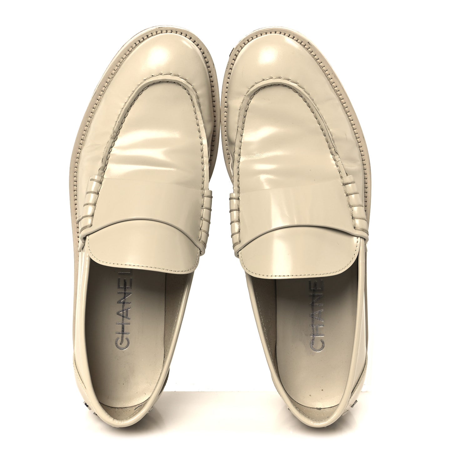 Shiny Calfskin Logo Loafers 38.5 Beige