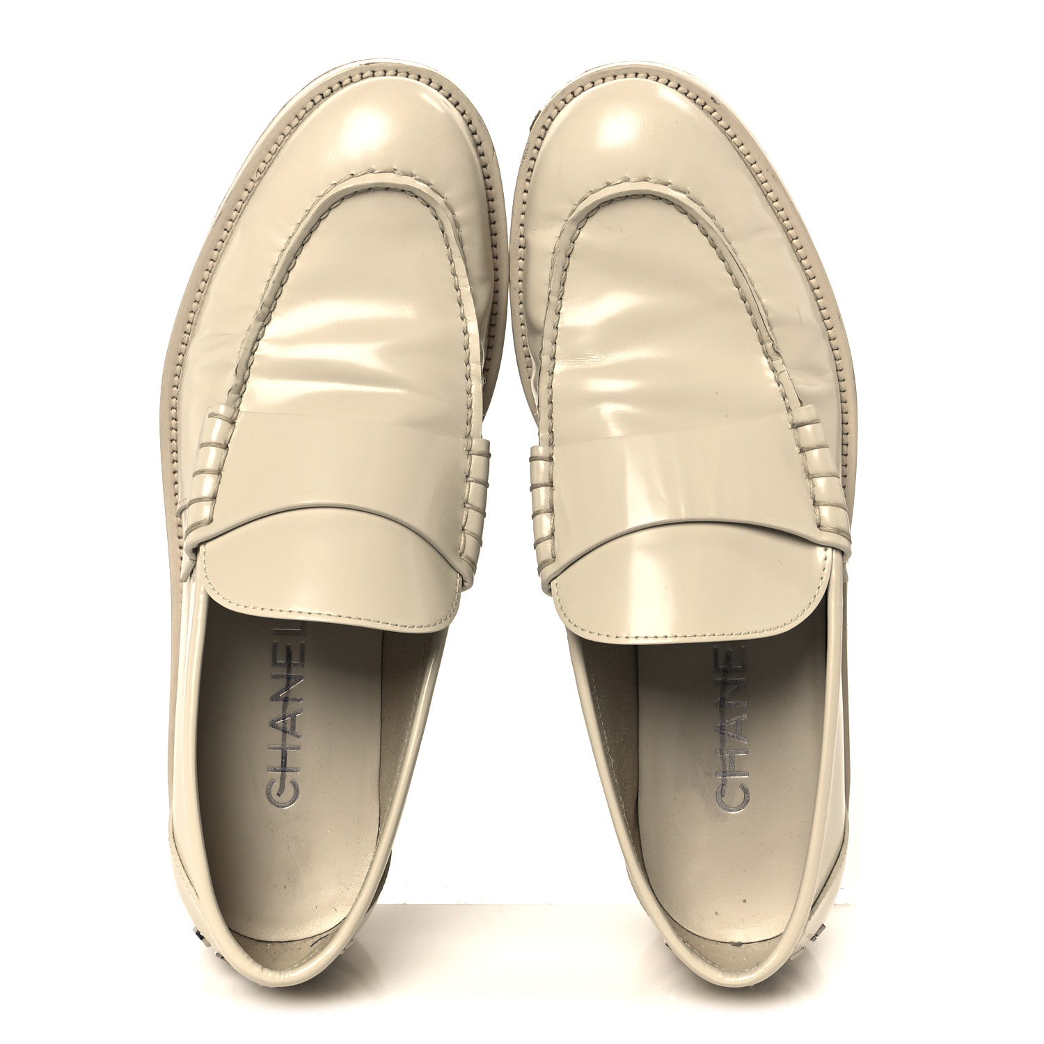 Chanel Shiny Calfskin Logo Loafers 38.5 Beige 2 of 11