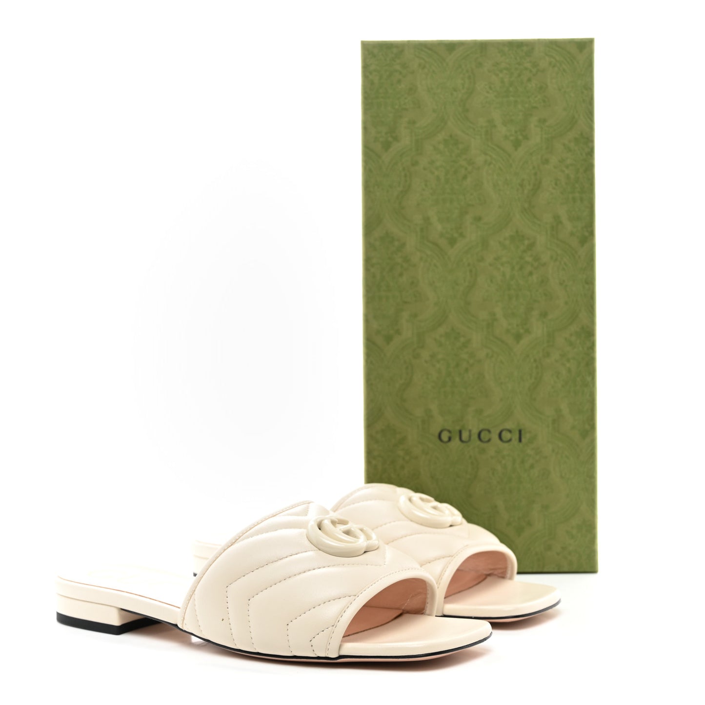 Nappa Matelasse Monoochrome GG Marmont Flat Slide Sandals 37.5 Mystic White