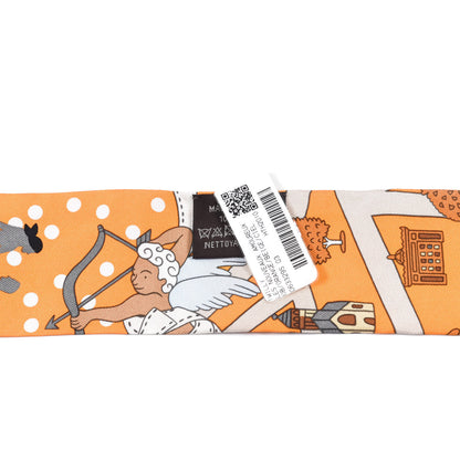 Hermes Silk Les Nouveaux Amoureux de Paris Twilly Orange Ciel Beige 2 of 5