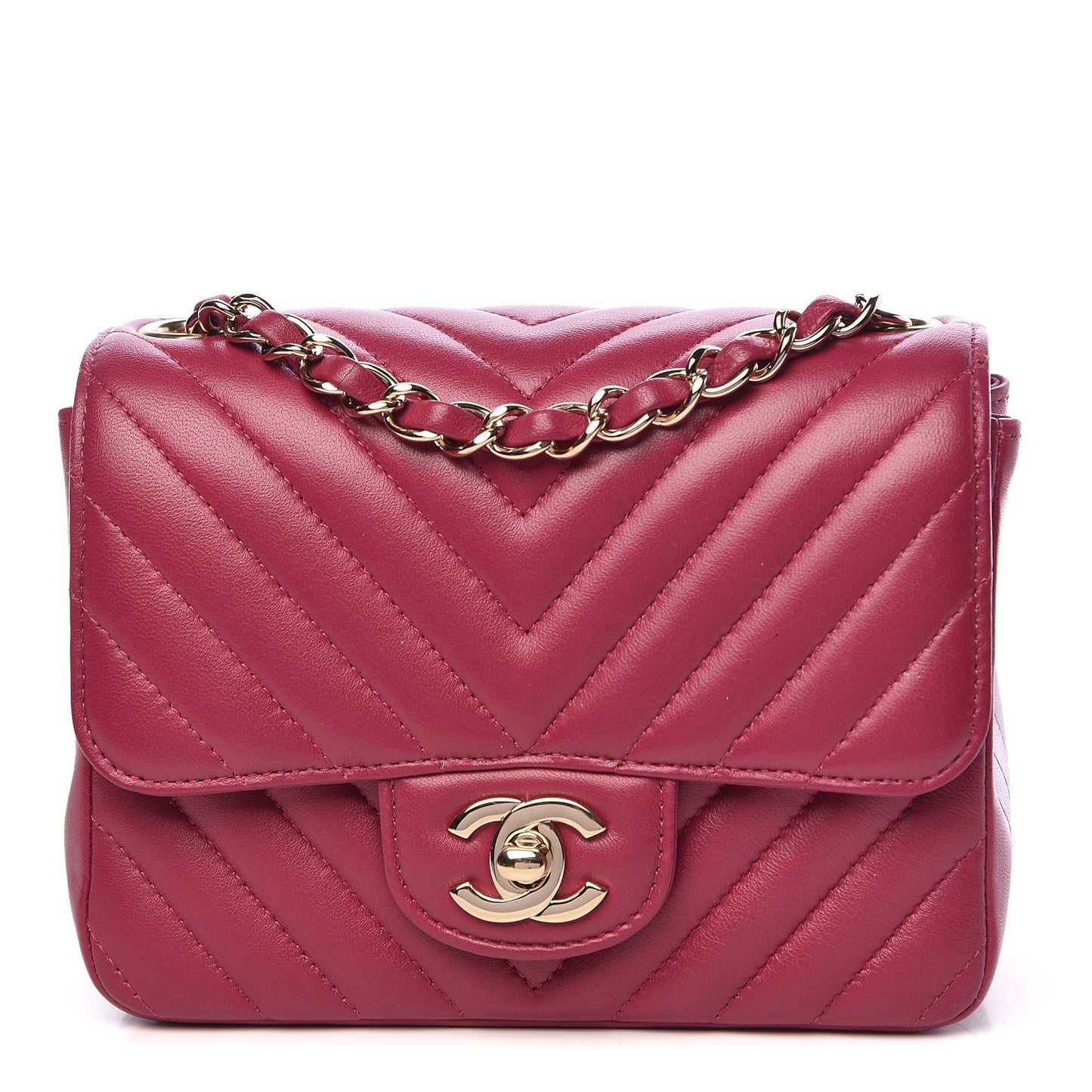 Lambskin Chevron Quilted Mini Square Flap Fuchsia