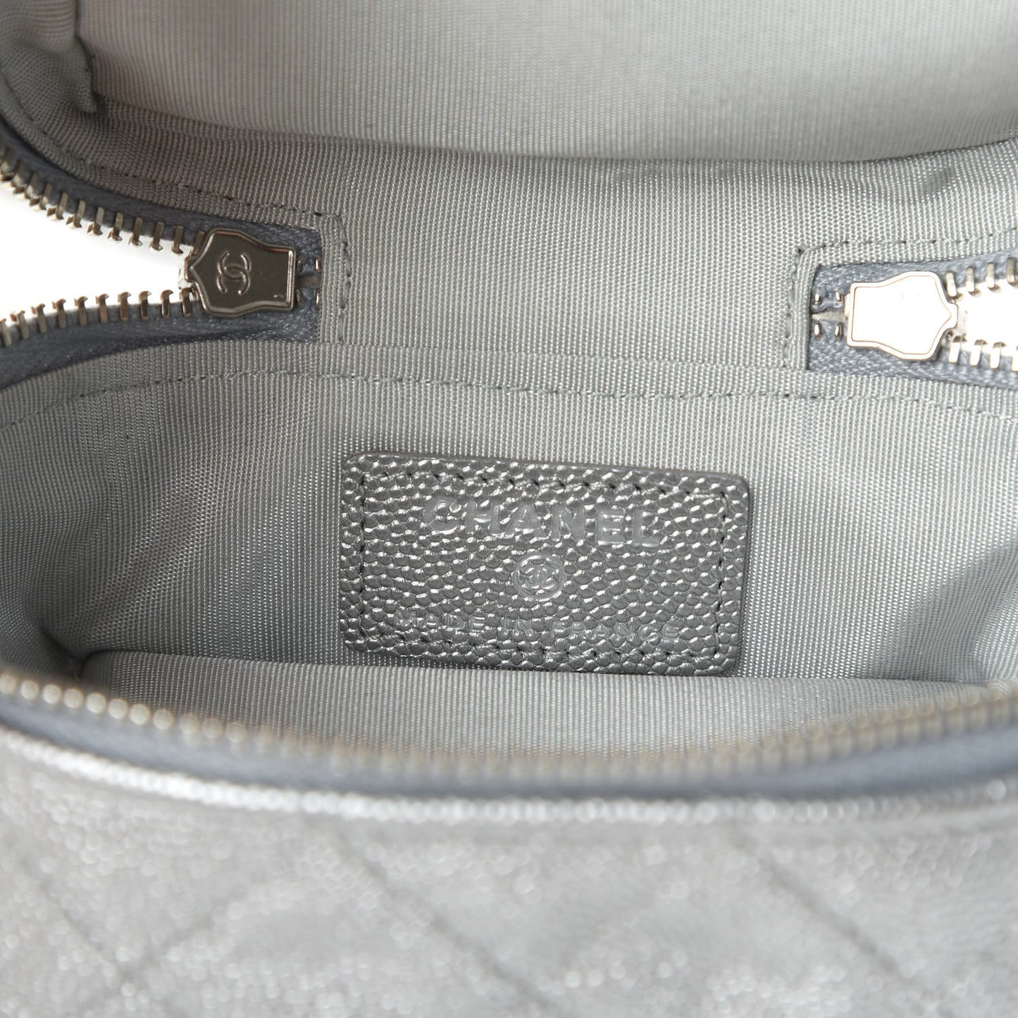 Metallic Caviar Quilted Mini Top Handle Vanity With Chain Silver