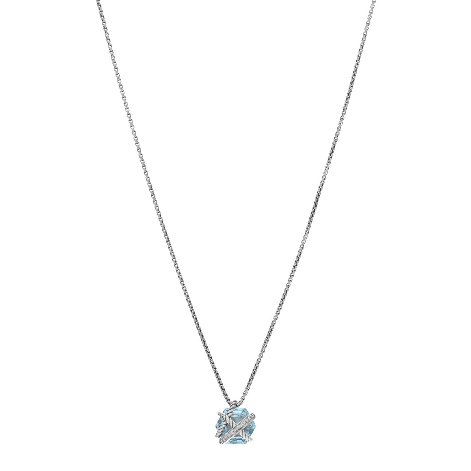 David Yurman Sterling Silver Diamond Blue Topaz 10mm Petite Cable Wrap Pendant Necklace 1 of 4