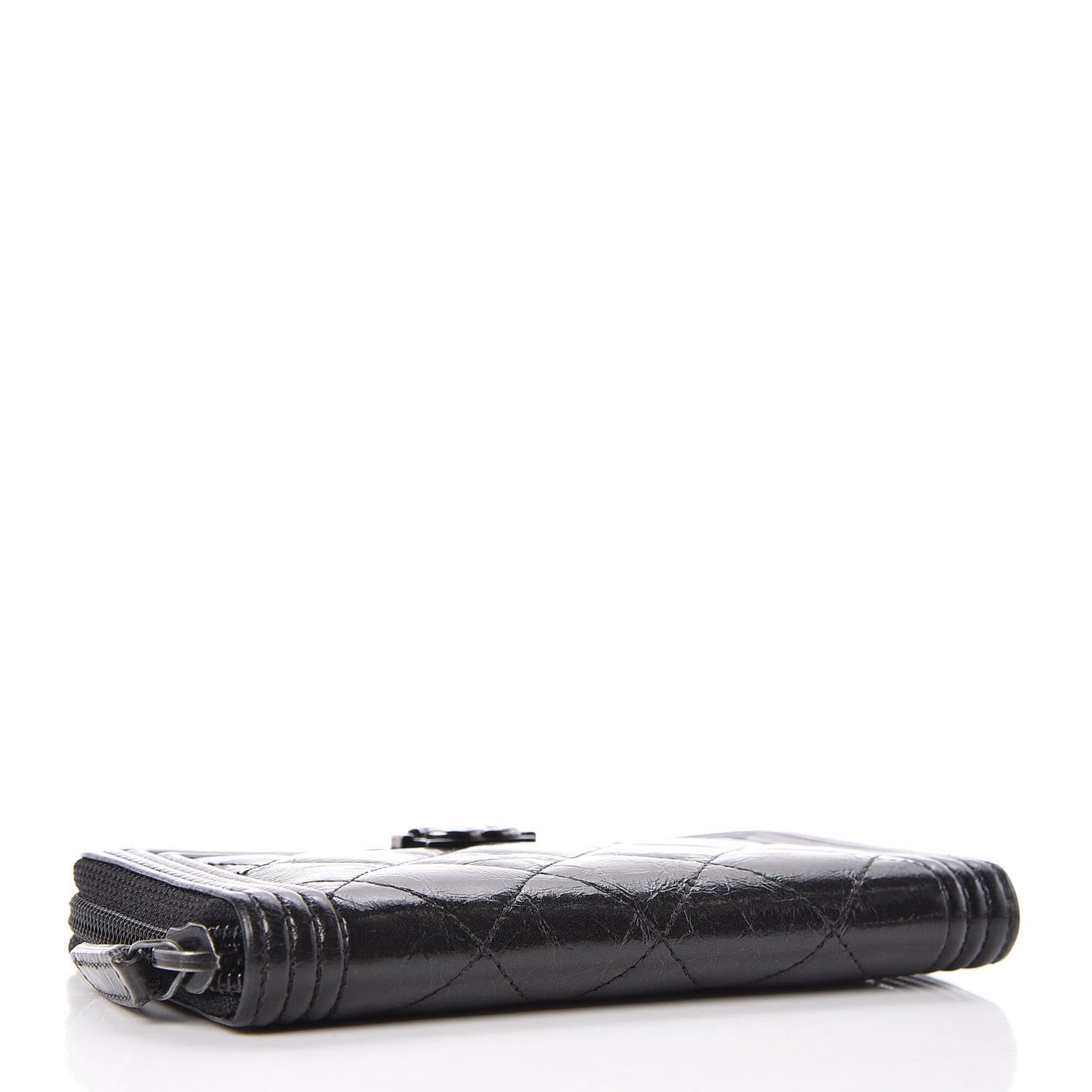 Distressed Patent Quilted Small Boy Zip Around Wallet Black