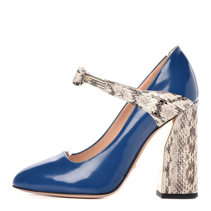 Gucci Polished Calfskin Elaphe Nimue Bow Mary Jane Pumps 38.5 Vintage Bluette Roccia 1 of 9