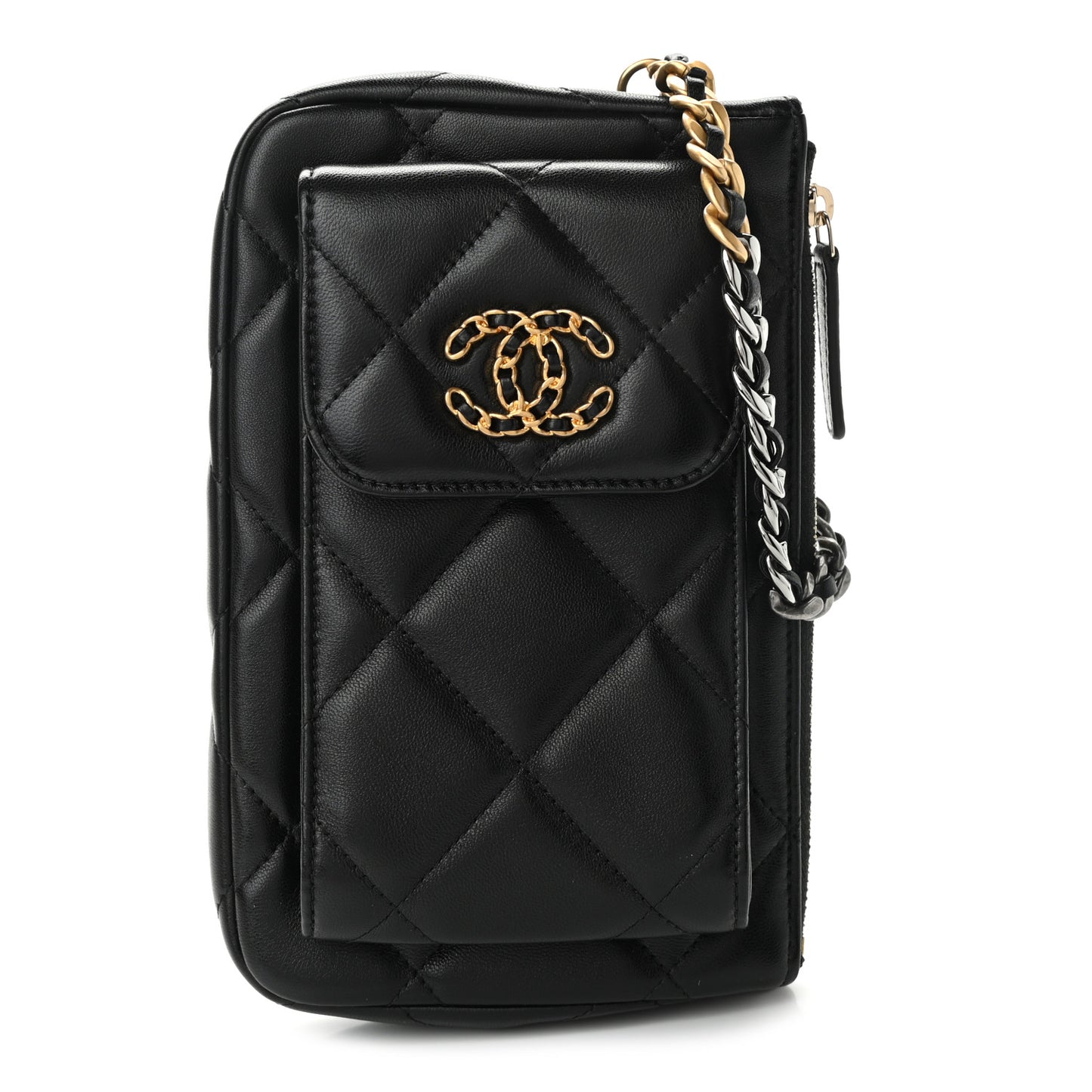 Lambskin Quilted Chanel 19 Pouch With Handle Black