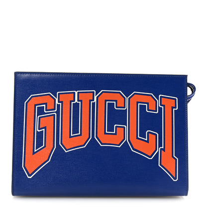 Gucci New Shanghai Calfskin Interlocking G Logo Wristlet Clutch Cobalt Blue Orange 1 of 6