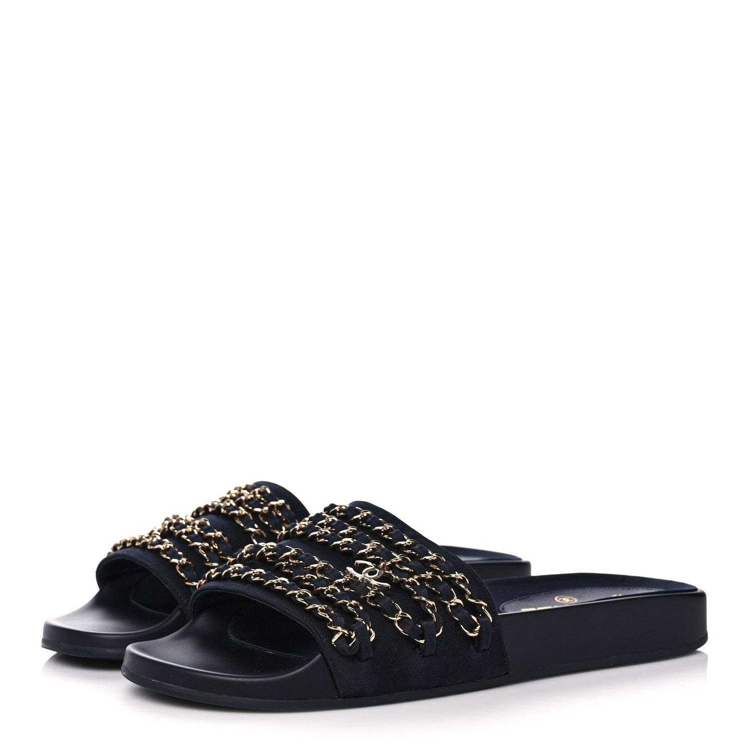 Chanel Satin Canvas Chain Slides Sandals Flats 40 Marine 3 of 10
