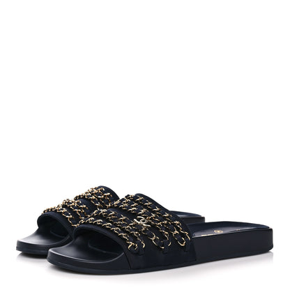 Chanel Satin Canvas Chain Slides Sandals Flats 40 Marine 3 of 10