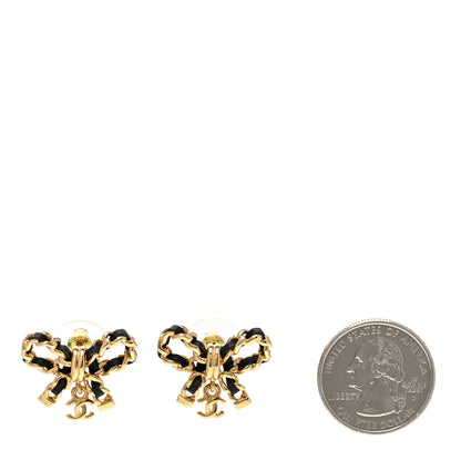 Chanel Lambskin Chain Bow Stud Earrings Black Gold 2 of 5