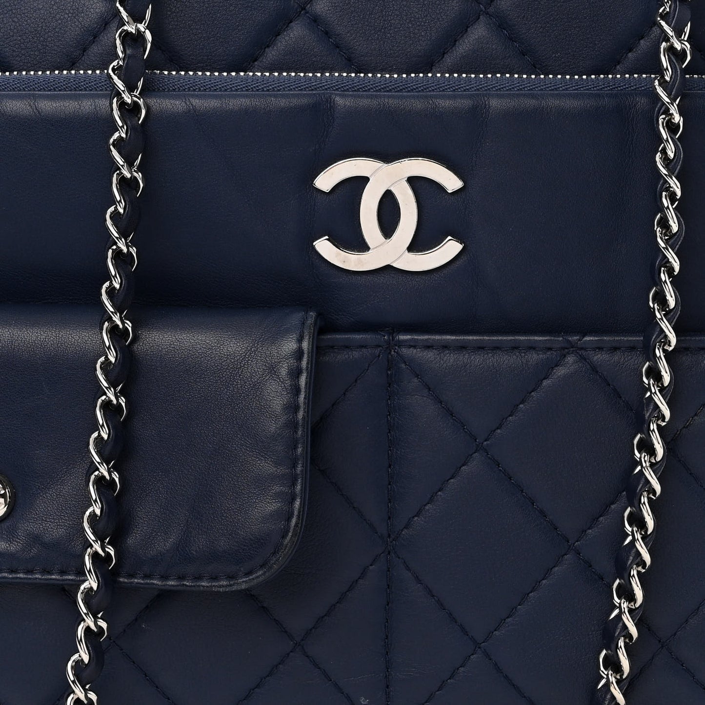 Calfskin Quilted Ultra Pocket Shopping Tote Navy