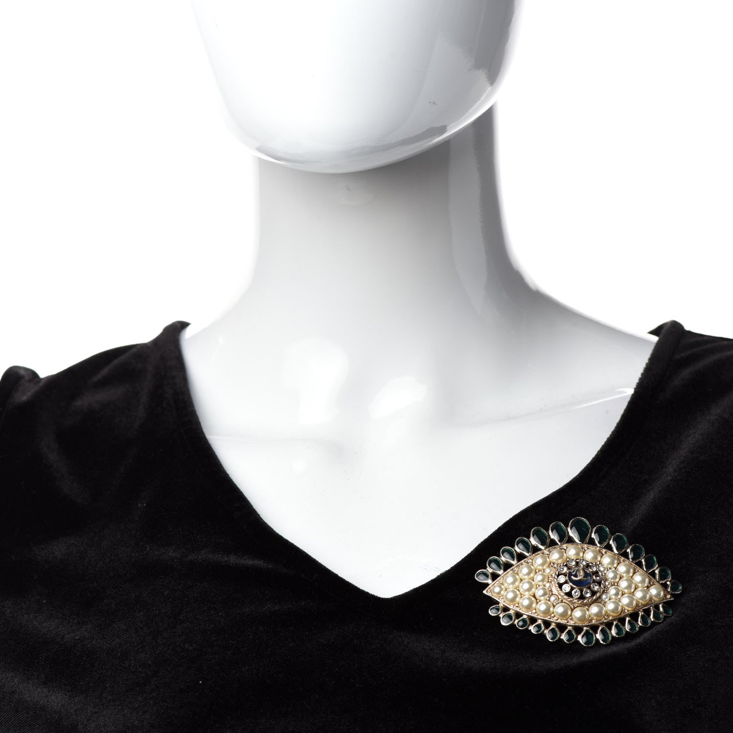 Chanel Resin Crystal Glass Pearl Eye Brooch Gold Pearly White Green 2 of 5