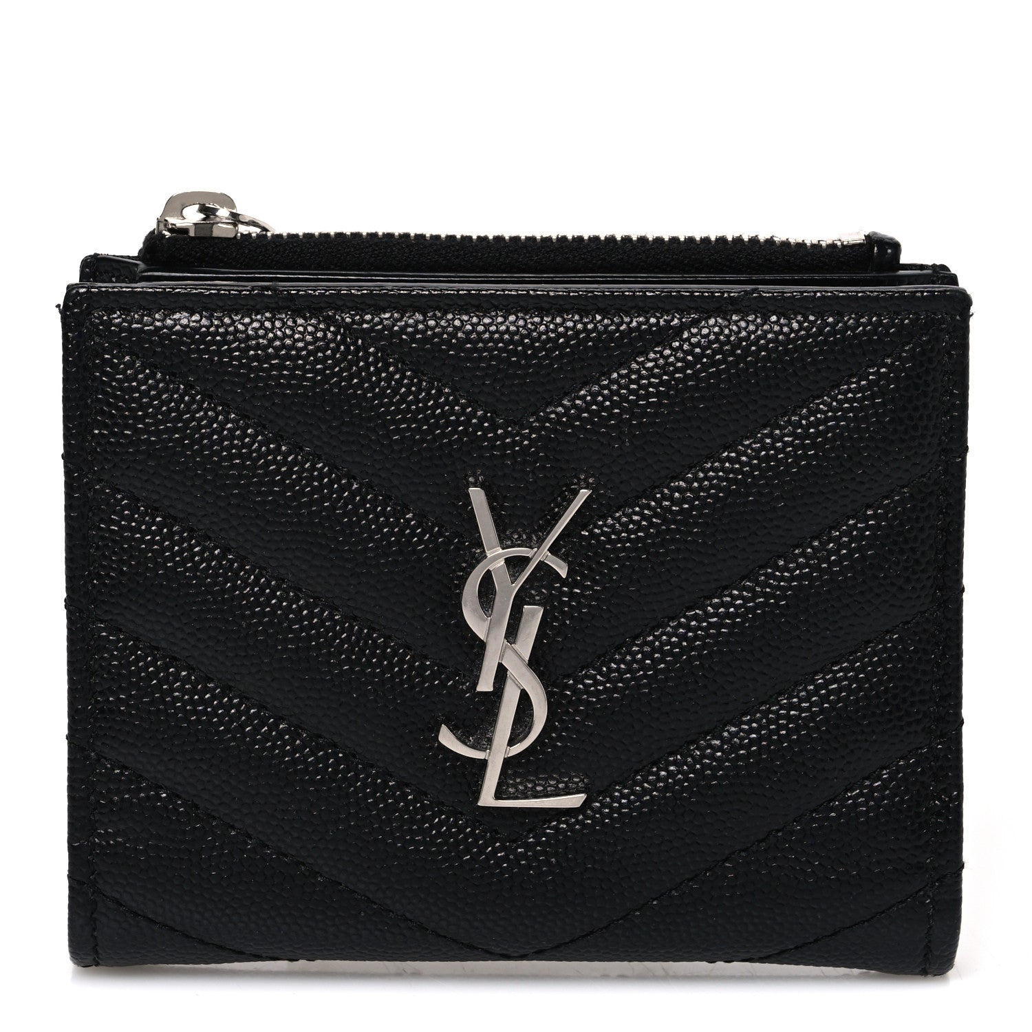 Saint Laurent Grain De Poudre Matelasse Chevron Monogram Zipped Card Case Black 1 of 8