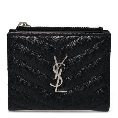 Saint Laurent Grain De Poudre Matelasse Chevron Monogram Zipped Card Case Black 1 of 8