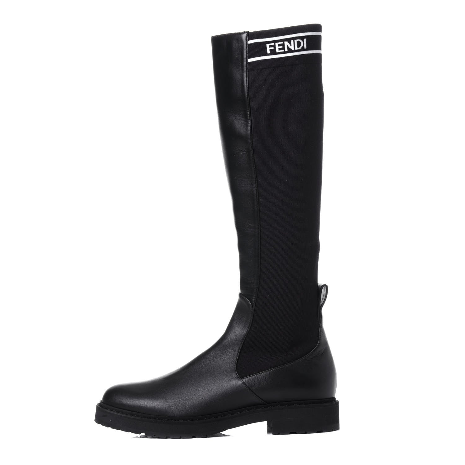 Fendi Lambskin Stretch Fabric Logo Rockoko Tall Boots 37 Black White 1 of 14