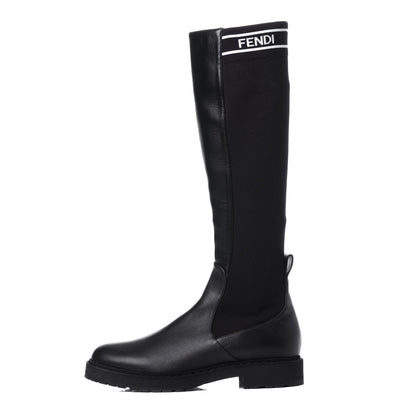 Fendi Lambskin Stretch Fabric Logo Rockoko Tall Boots 37 Black White 1 of 14