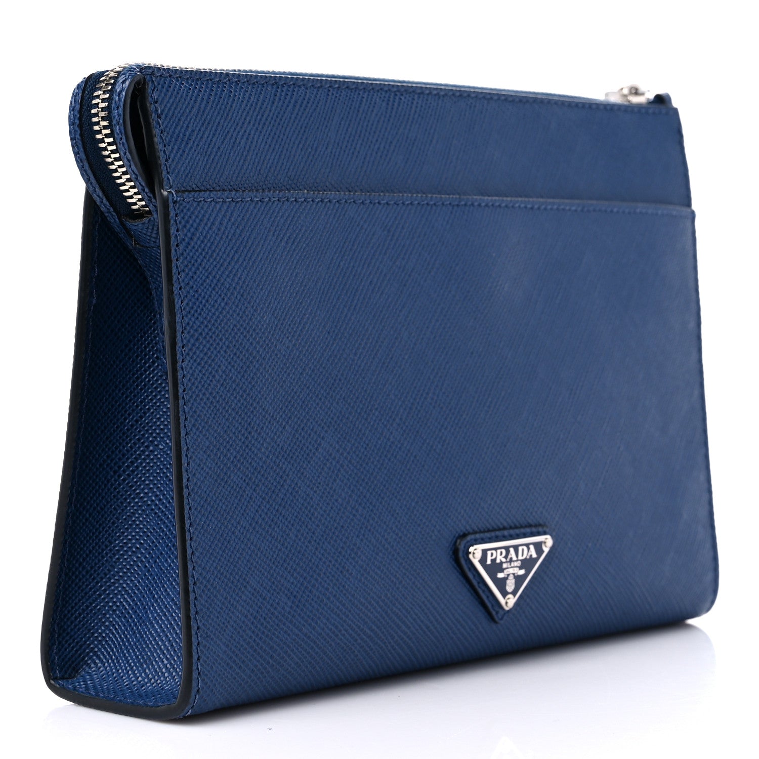 Prada Saffiano Cuir Triangle Logo Embossed Wristlet Pouch Bluette 3 of 8